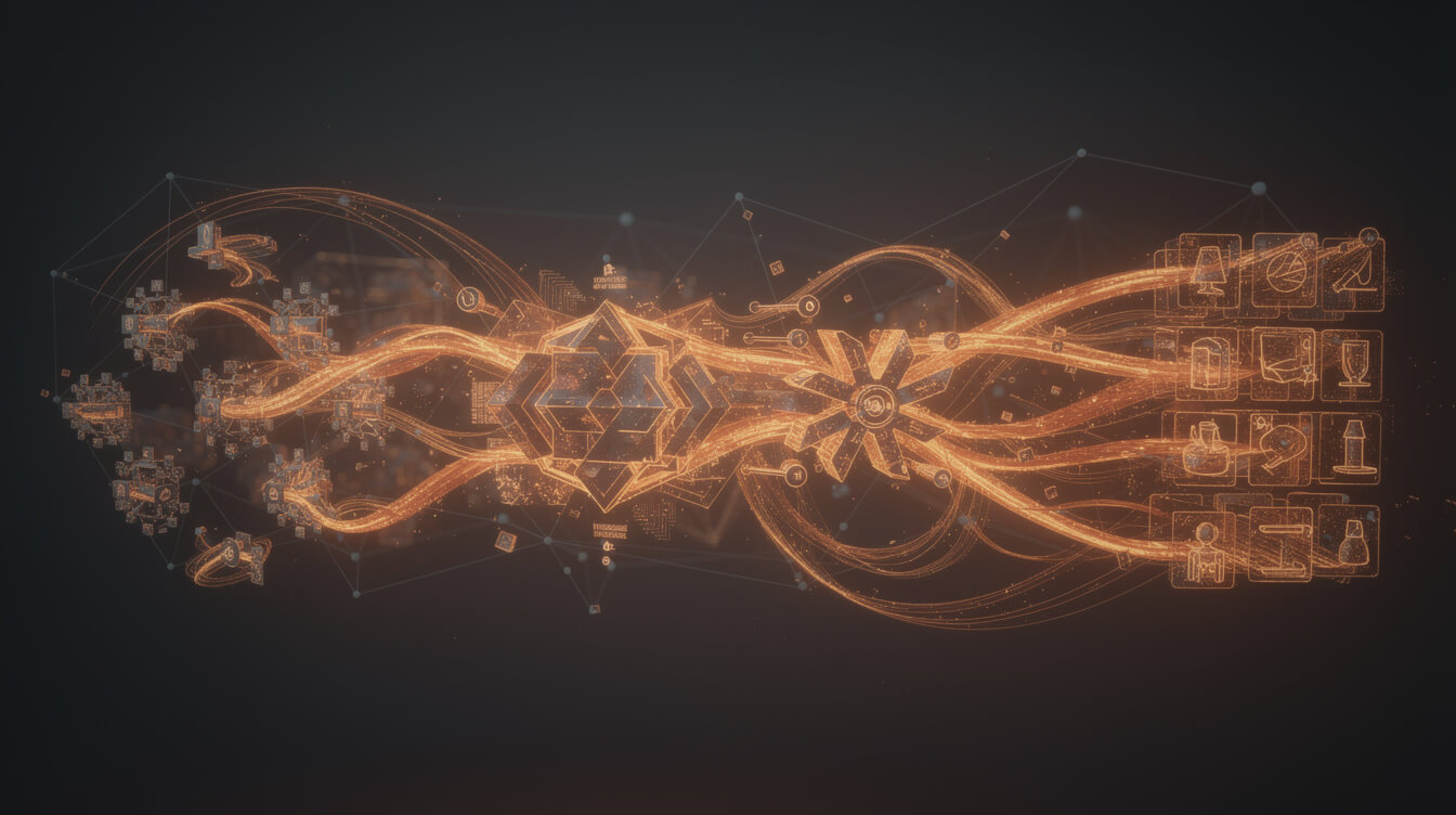 woocommerce pod automation pipeline concept dark lava orange tech visualization