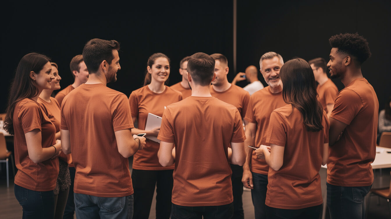 bulk custom t-shirt printing commercial buyers at a team event