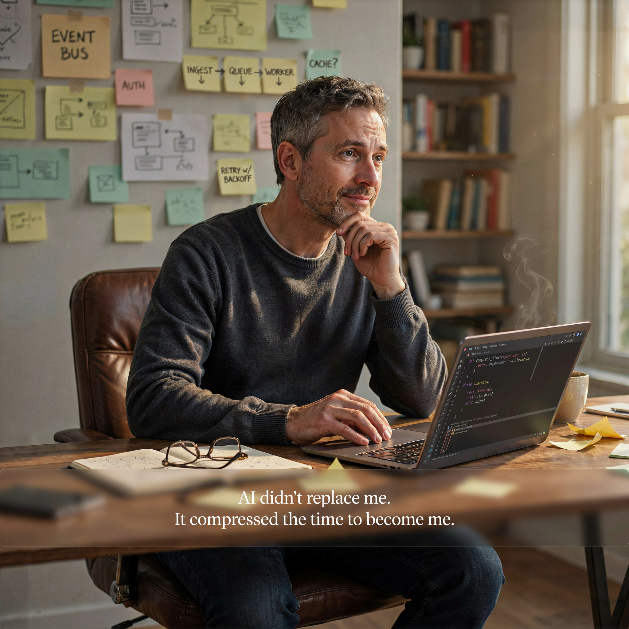 Jon Jones at his workspace with code and architecture post-its behind him