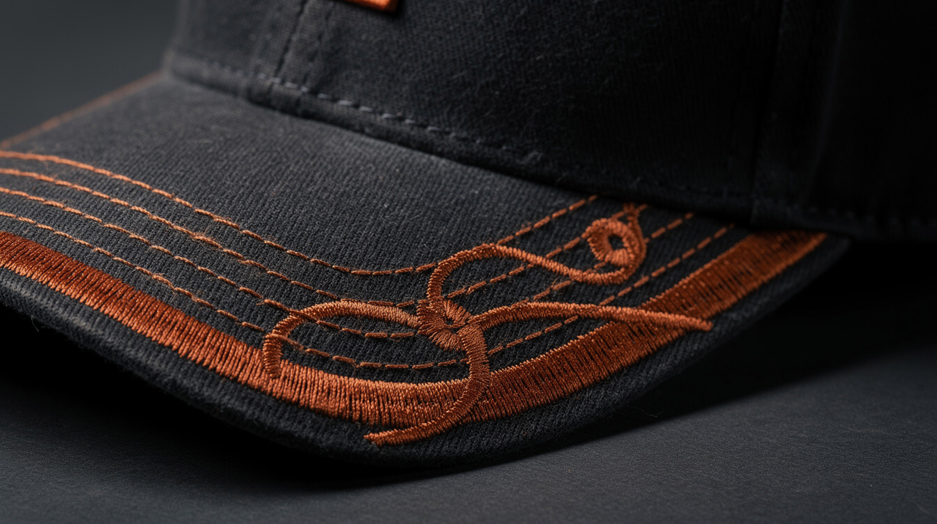 custom logo hat embroidery detail on dark background