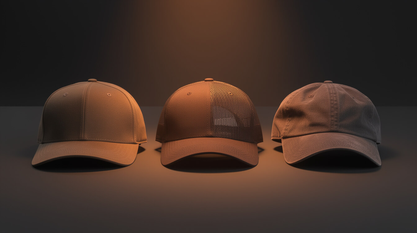 snapback trucker and dad hat styles displayed on dark surface