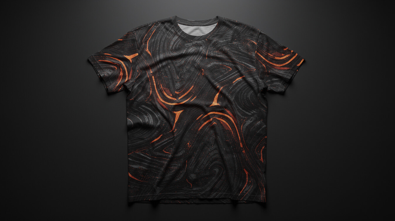 custom photo tshirt all-over print design in dark studio flatlay
