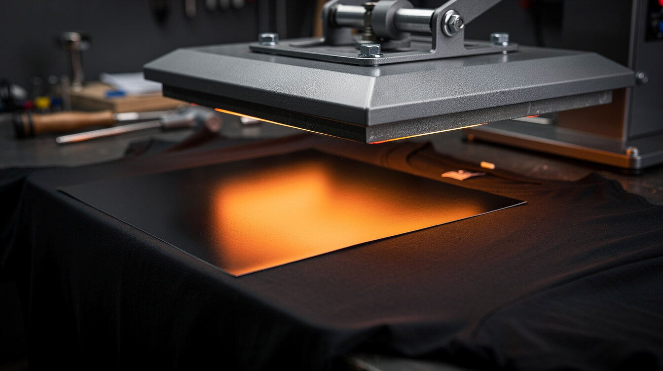custom screen printing transfers heat press application in industrial workshop