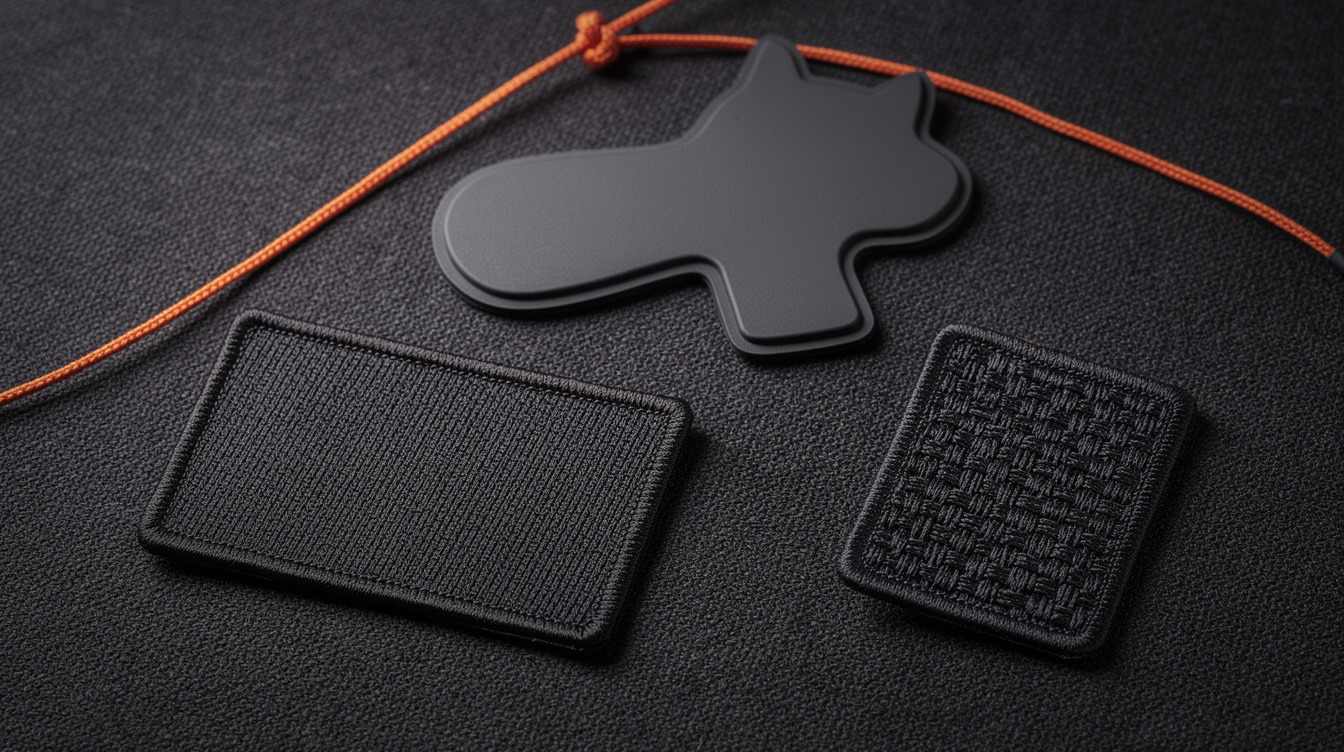 custom patches flat-lay showing types including embroidered woven and PVC patches on dark surface