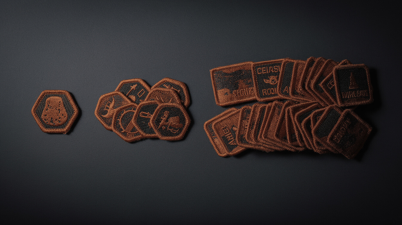 custom patches unit cost math groups arranged by quantity on dark surface