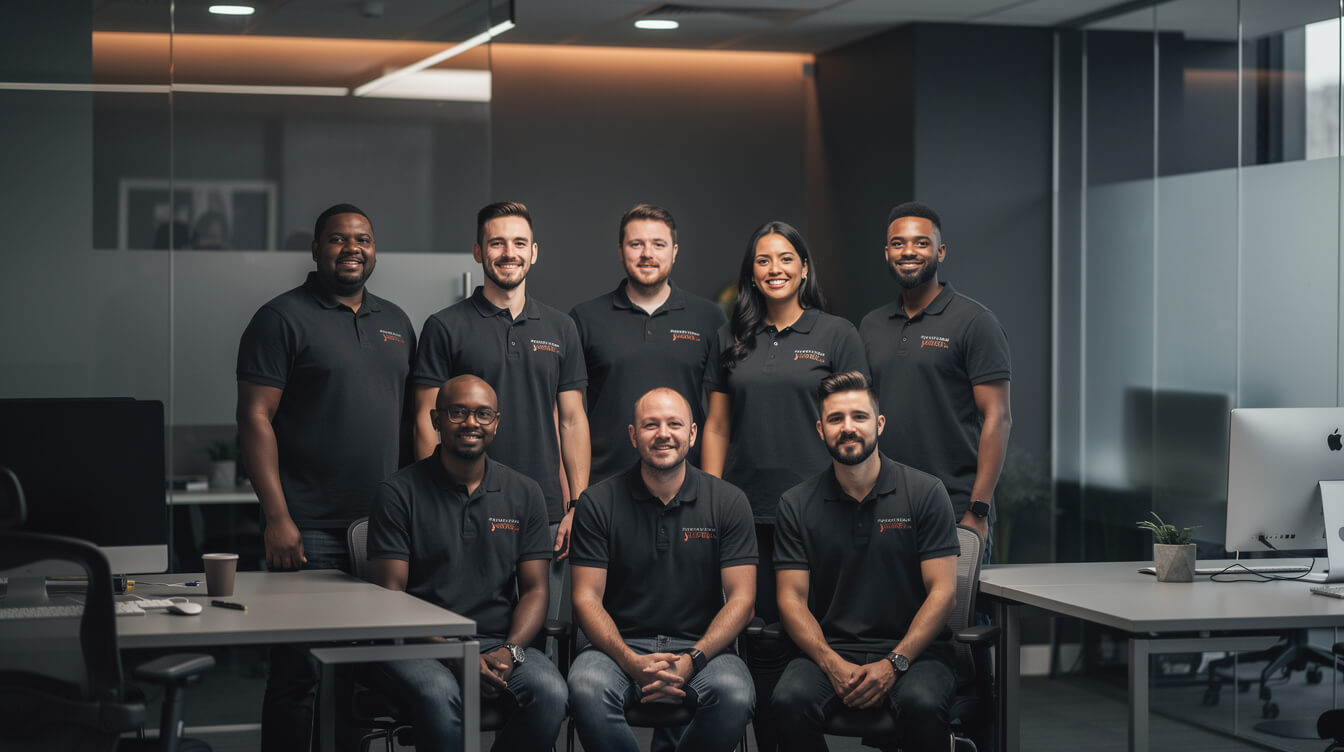 corporate team wearing matching custom polo shirts