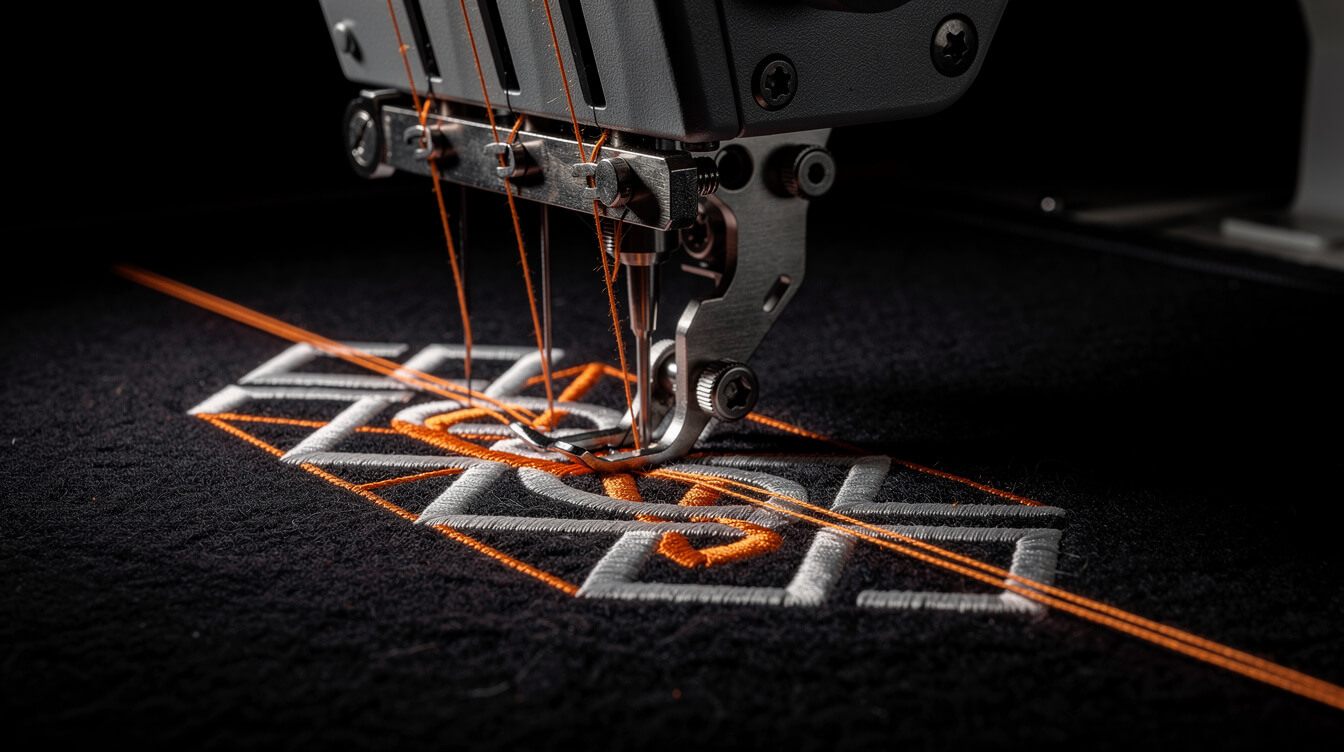 industrial embroidery machine stitching thread through fleece fabric