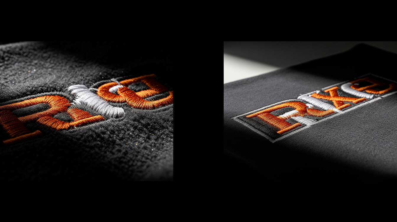 embroidery vs DTG print method comparison on fleece sweatshirt fabric