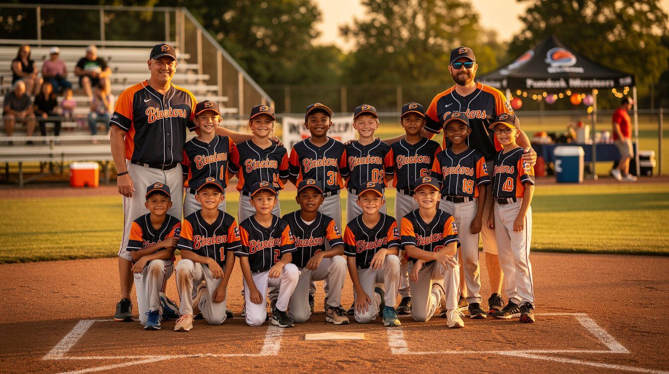 Youth sports baseball team wearing custom sublimated POD jerseys for a fundraiser order