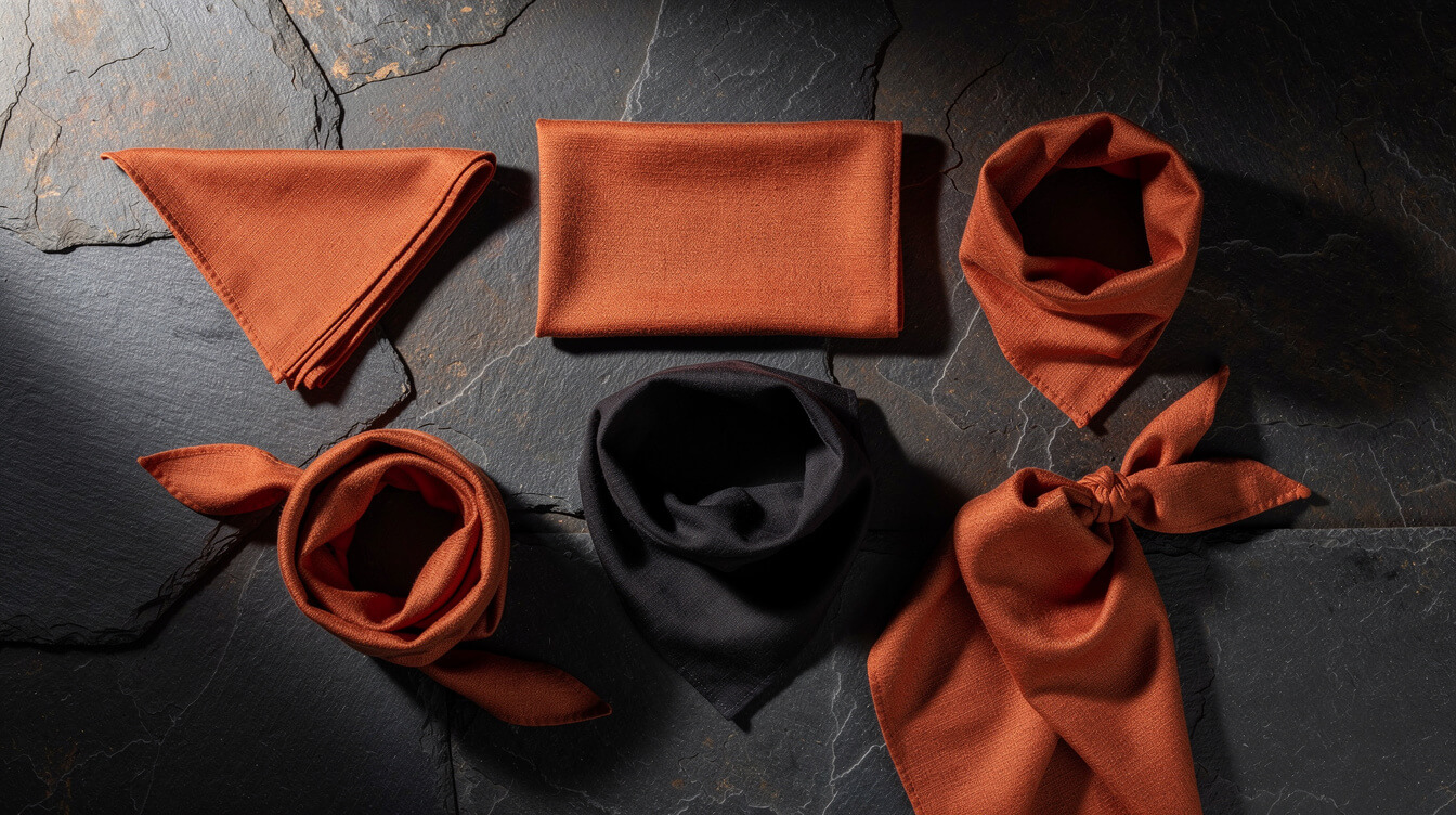 custom bandana flat lay product display on dark surface