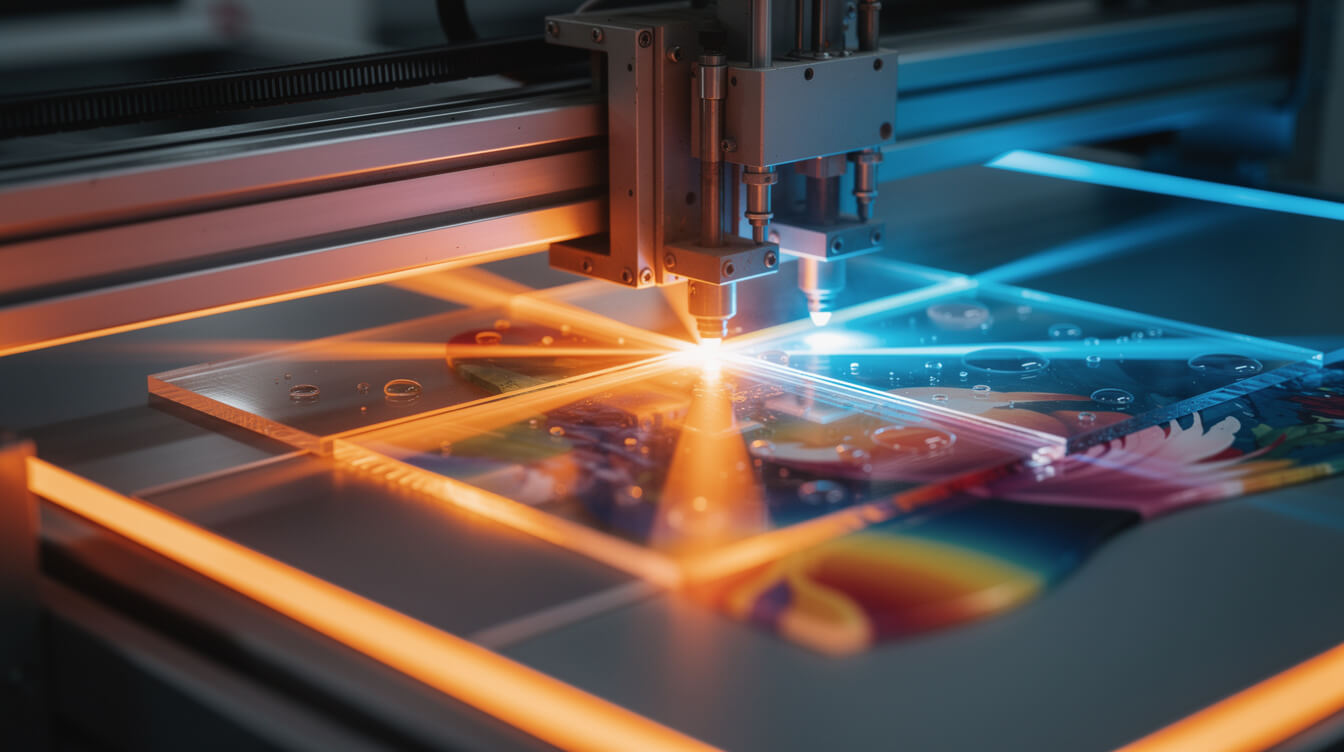 custom keychain acrylic UV printing process with orange accent lighting