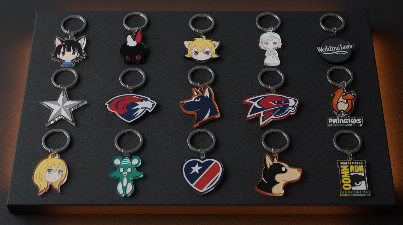 custom keychain niche vertical designs arranged on dark background with orange lighting