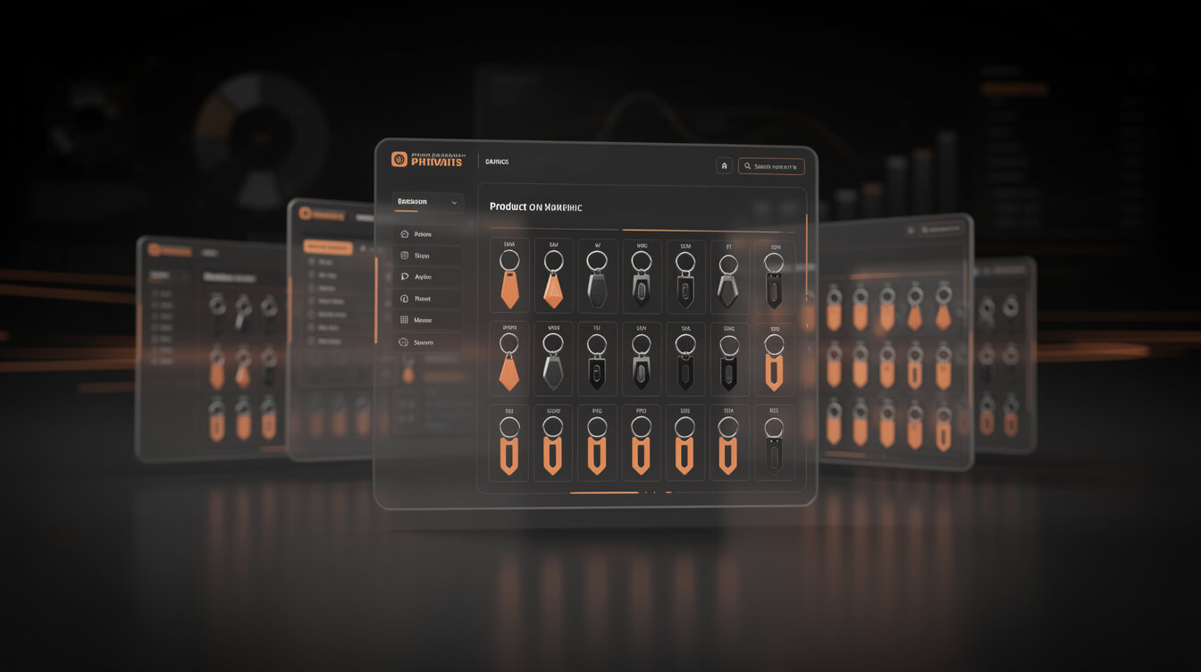custom keychain POD provider catalog on dark background with orange interface elements