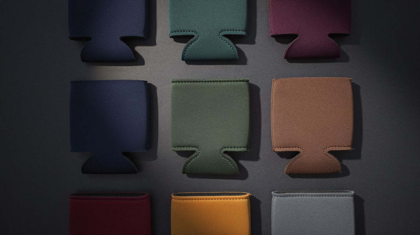 custom koozies in various colors arranged on a dark surface showing neoprene and foam materials