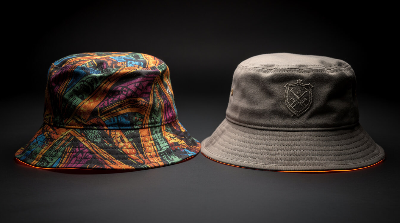 custom bucket hat all-over-print versus embroidery comparison