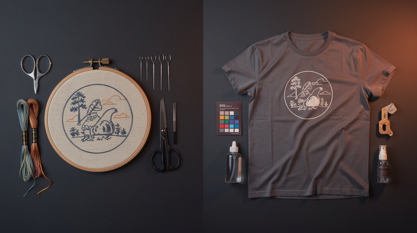 custom embroidery shirts comparison with DTG print methods