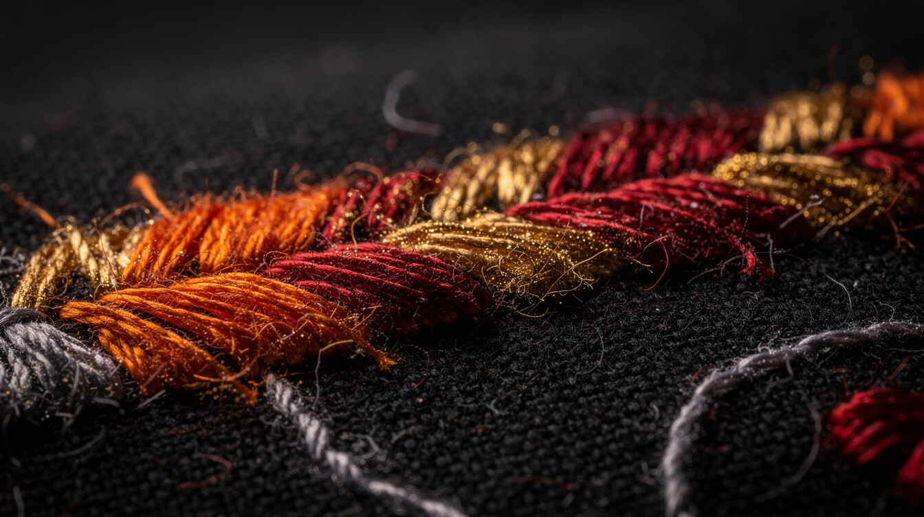 stitch count detail on custom embroidery shirts in lava orange thread macro close-up