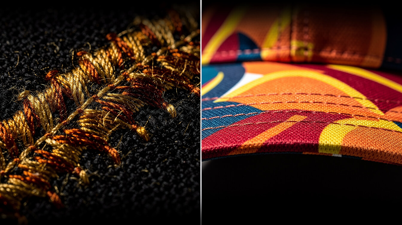 embroidery versus all-over print decoration methods for custom hats