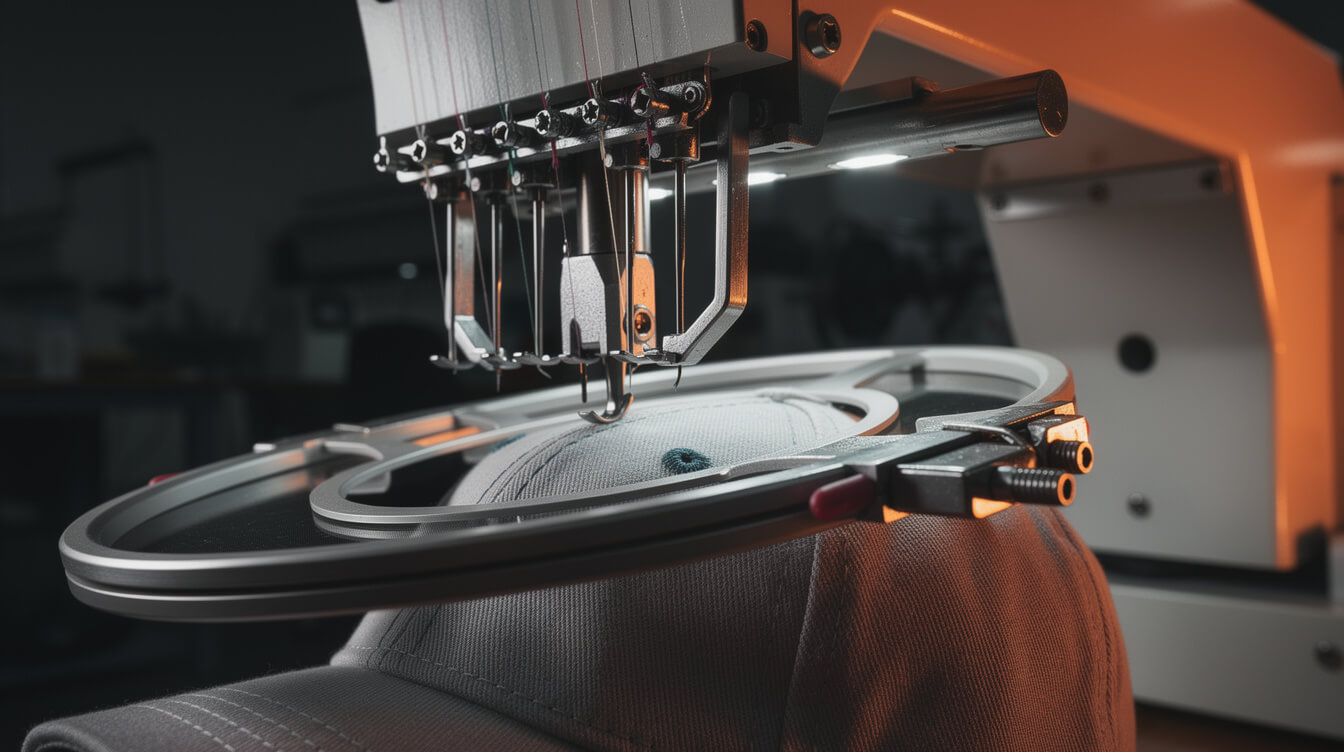 commercial embroidery machine producing custom hats for POD