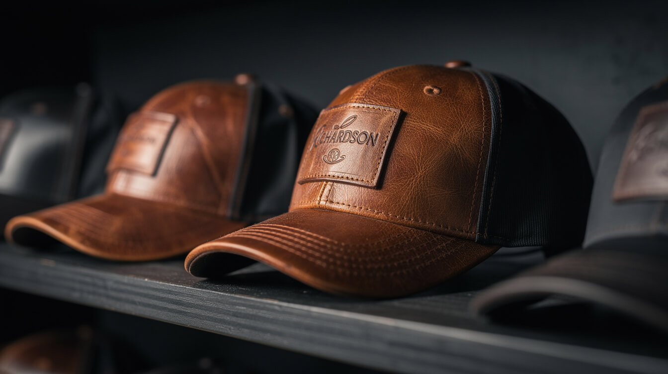 premium leather patch hats on dark wooden display