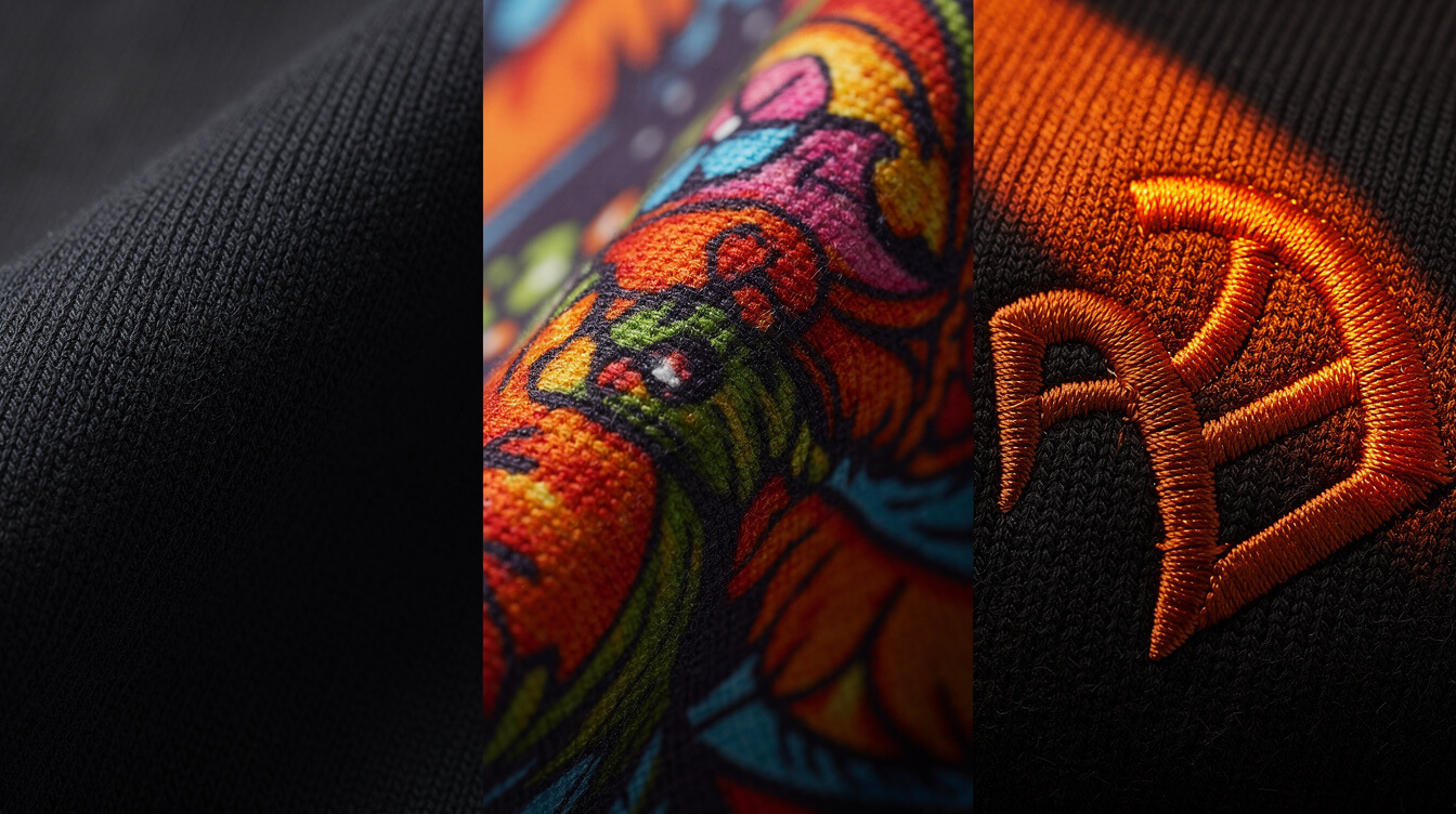 DTG vs AOP sublimation vs embroidery print methods for custom hoodie