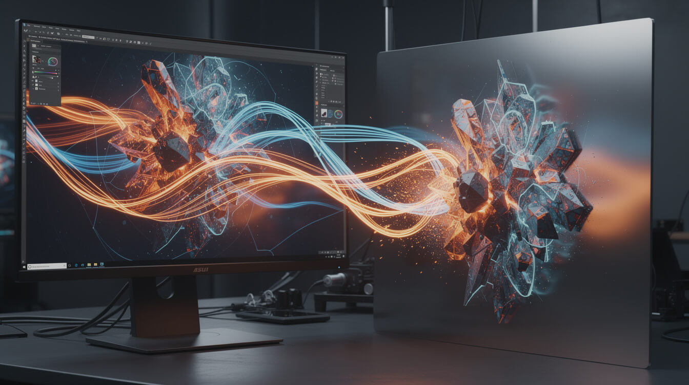 AI generated artwork printed on metal panel showing digital to physical creation workflow