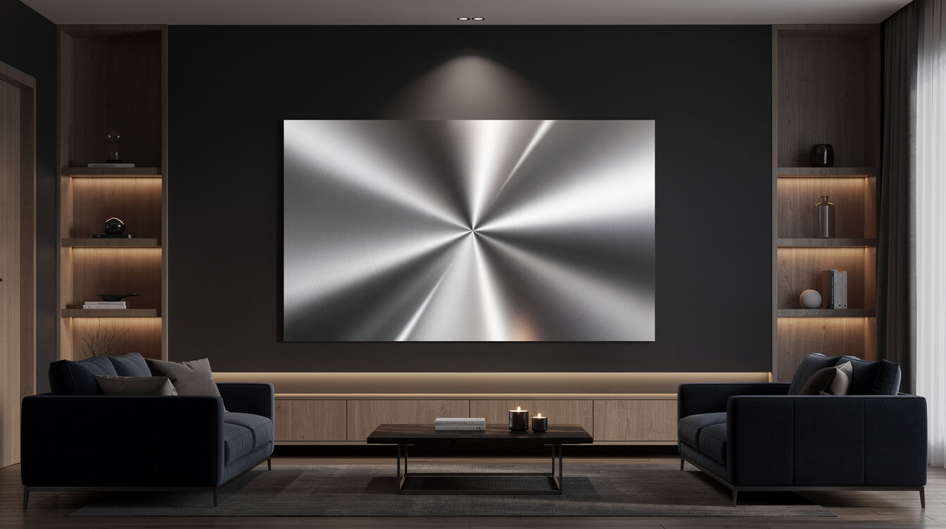premium metal print buyer home interior featuring aluminum panel wall art