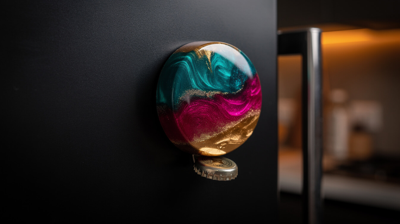 round magnetic custom bottle opener on a fridge