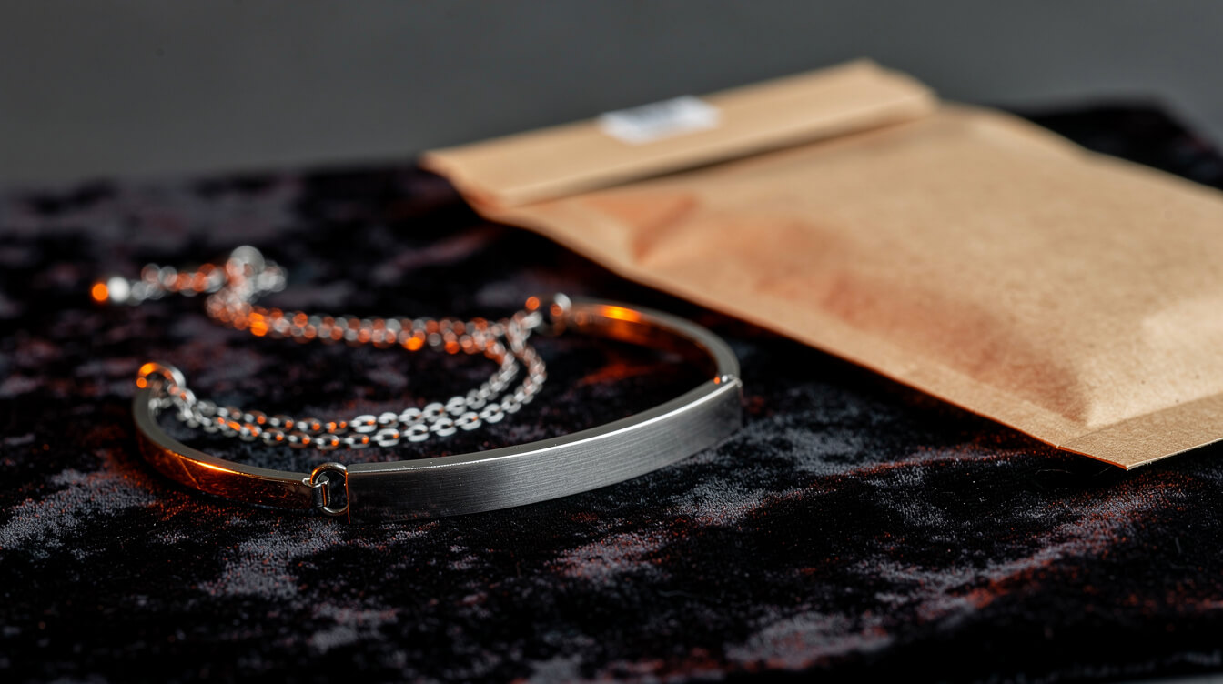 Blank steel bar bracelet on dark velvet beside a kraft shipping mailer