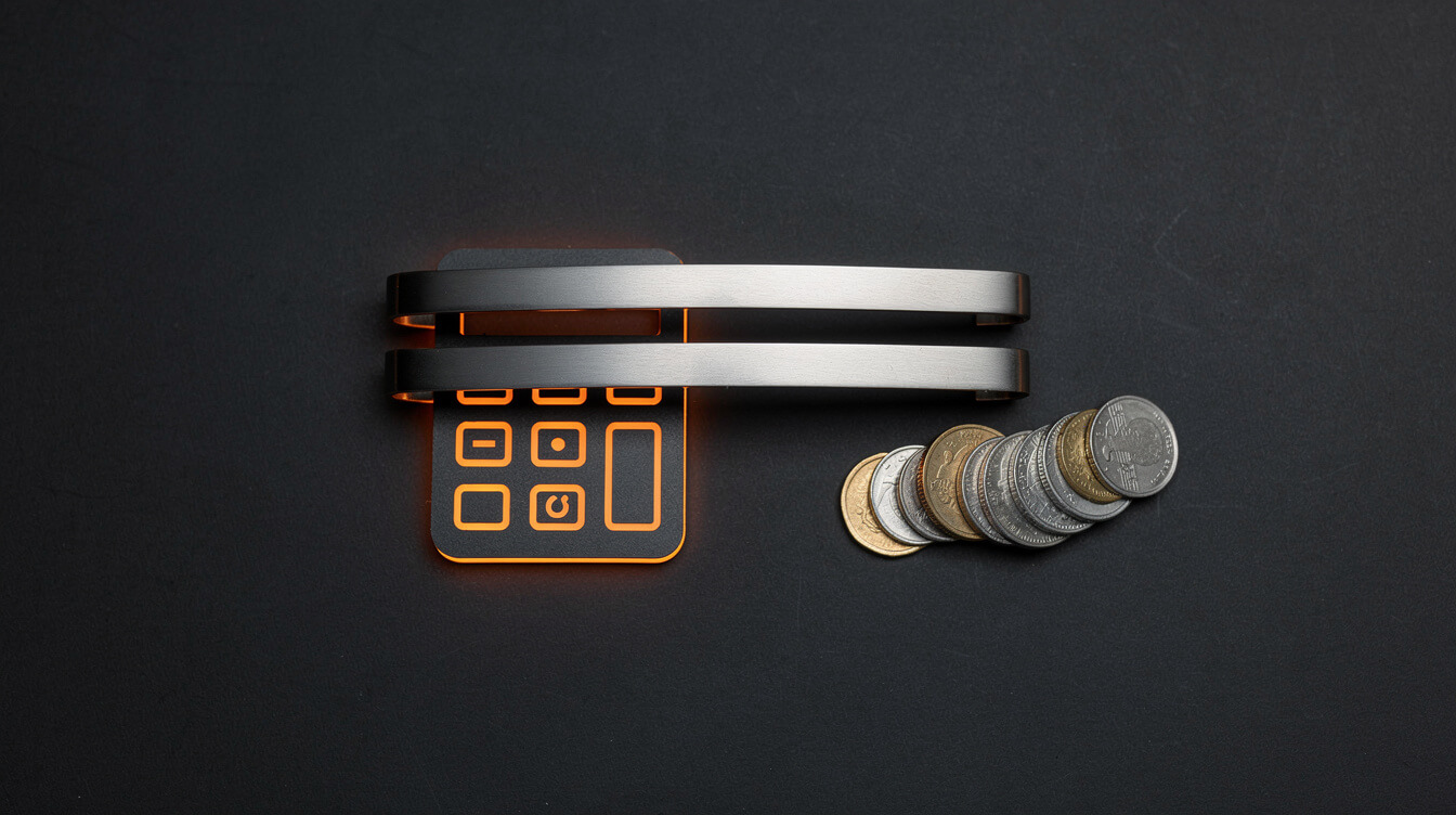 Stacked blank steel bar bracelets beside a calculator and coins