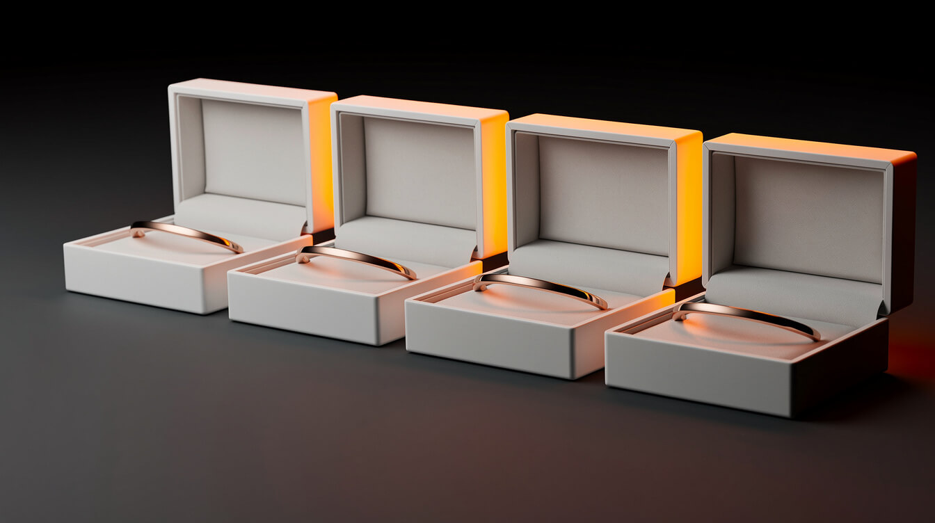 Row of white gift boxes each holding a blank rose gold bar bracelet