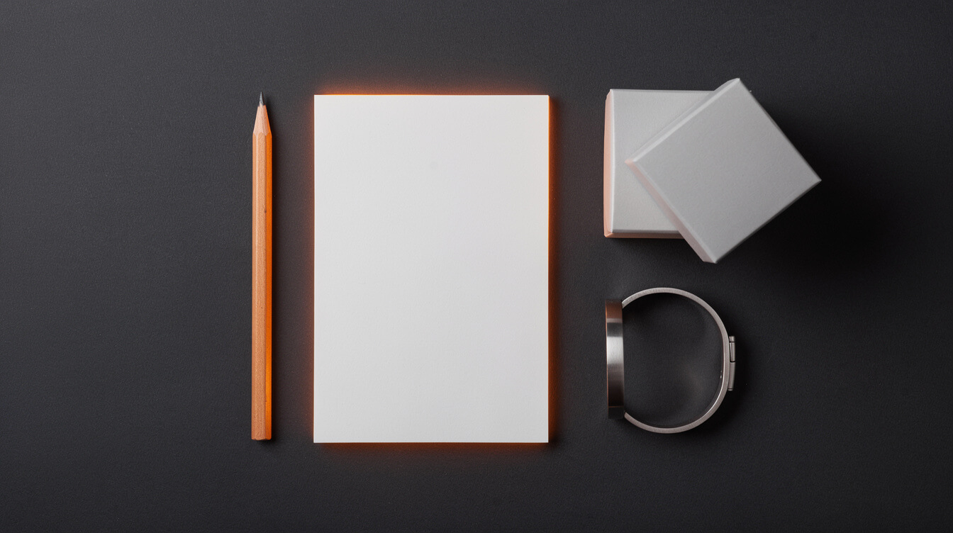 Blank notepad, pencil, steel bar bracelet, and open white gift box on a dark desk