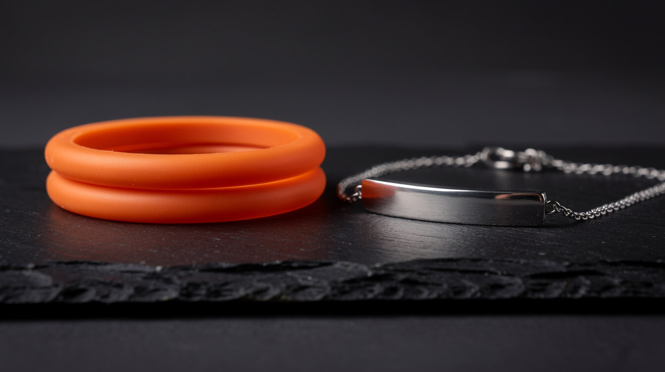 Plain orange silicone rings beside a blank steel bar bracelet on slate