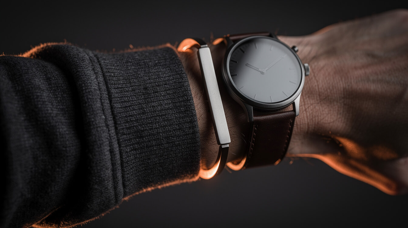 Man's wrist wearing a blank brushed steel bar bracelet beside a leather watch