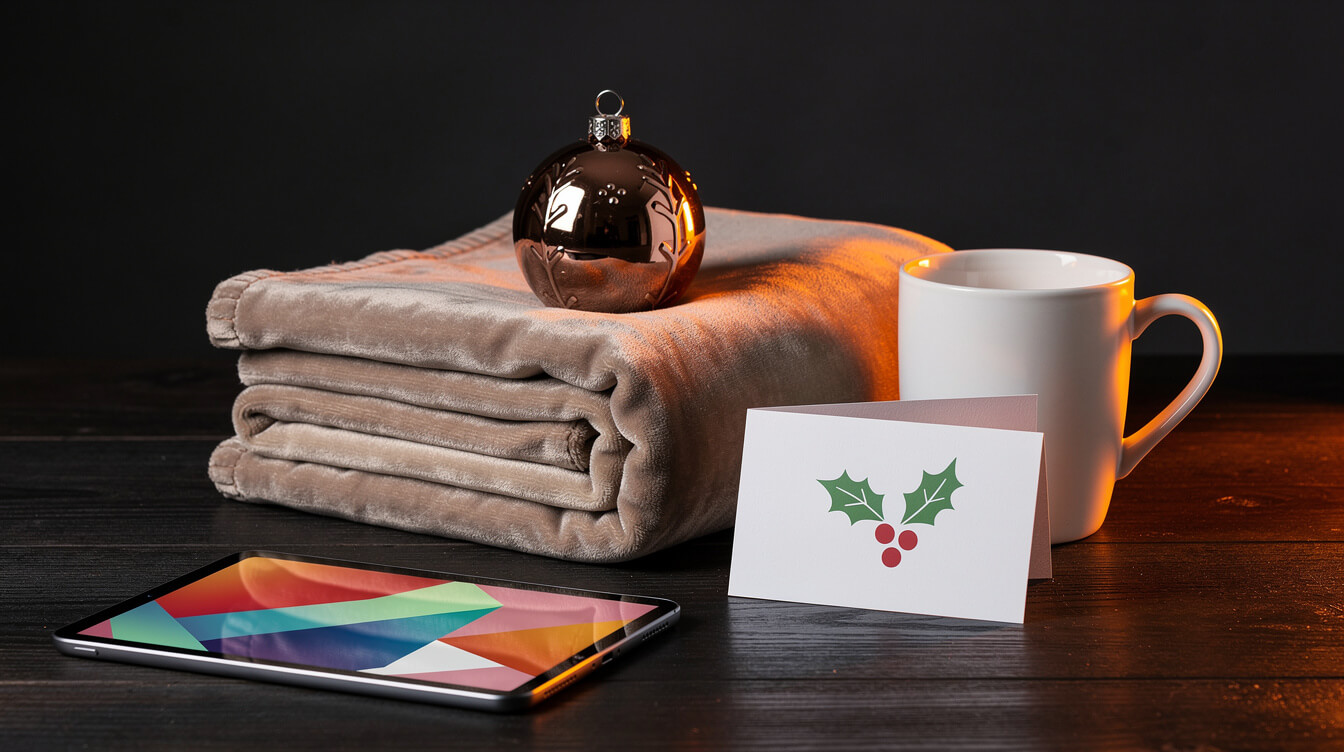 christmas card bundled with an ornament, blanket, and mug gift set
