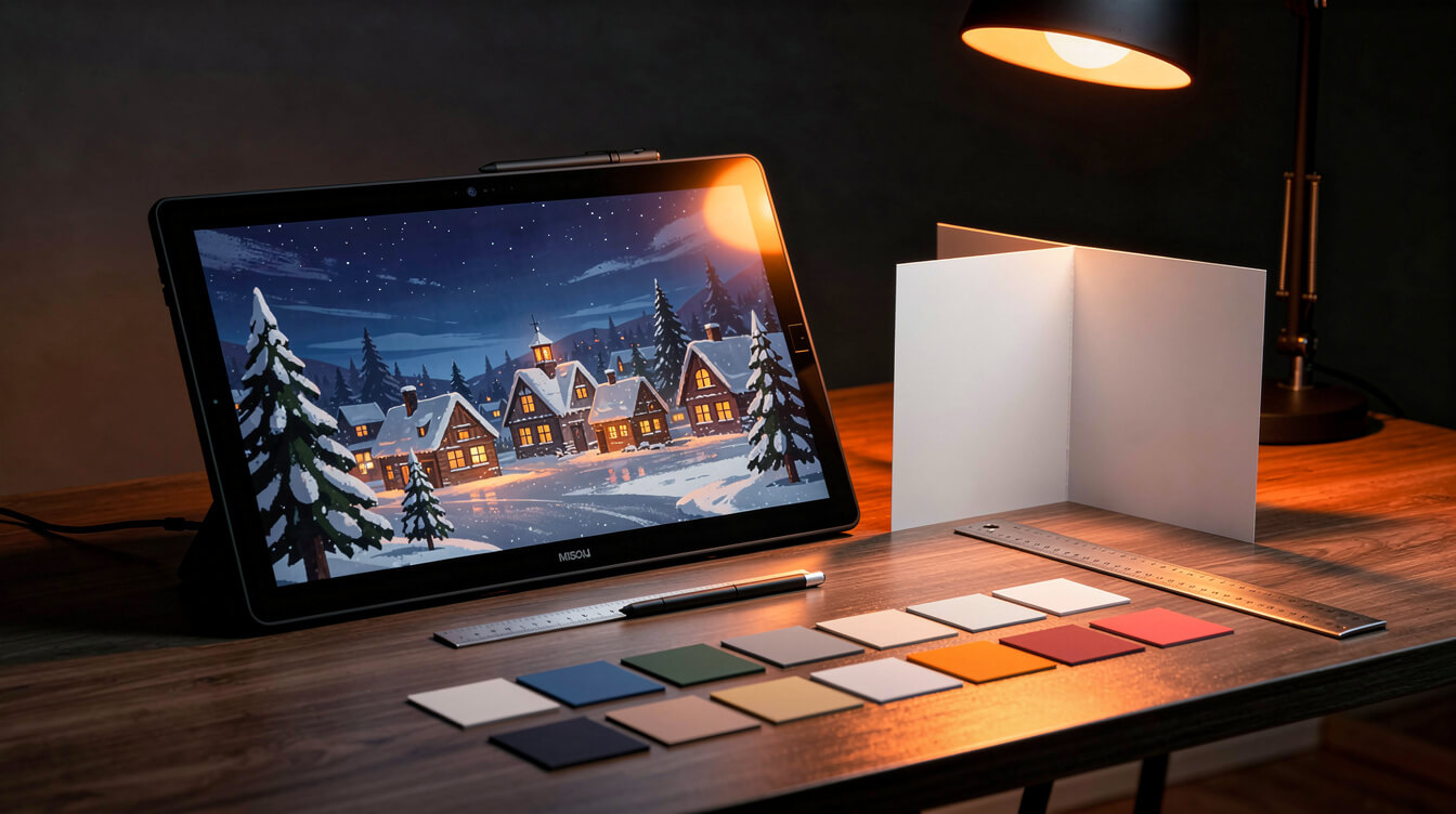 designing a print-ready folded christmas card on a pen tablet