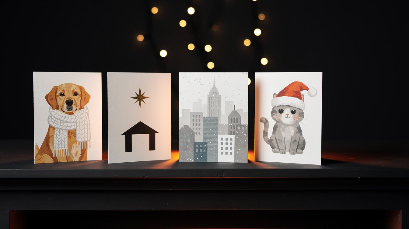custom christmas cards for pet, faith, and city illustration niches