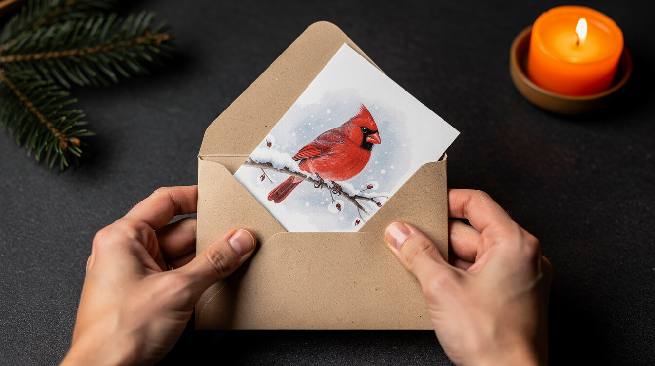 sealing an illustrated christmas card into a kraft envelope