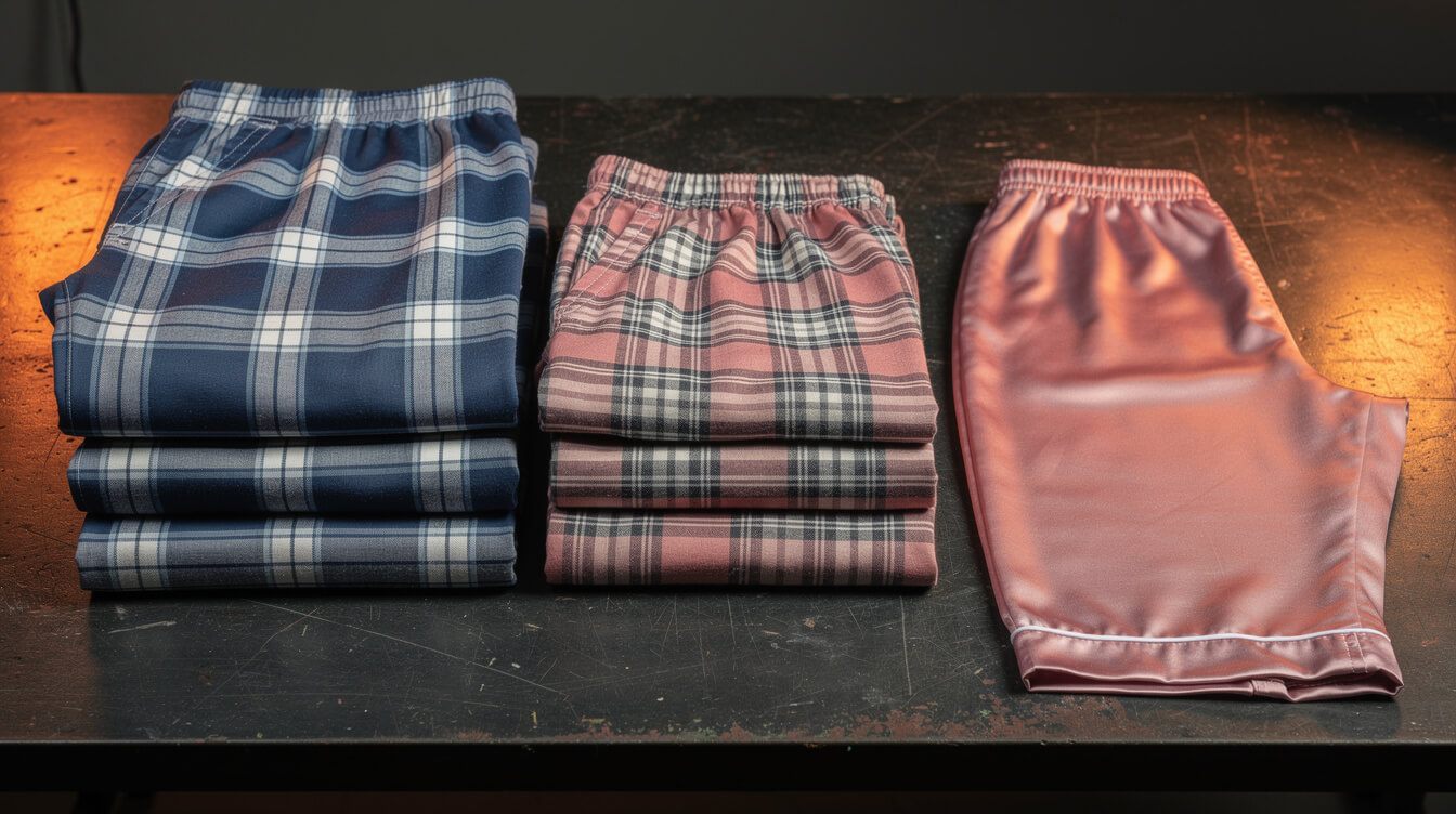 plaid lounge pants in three sizes beside satin pajama pants on a dark workbench