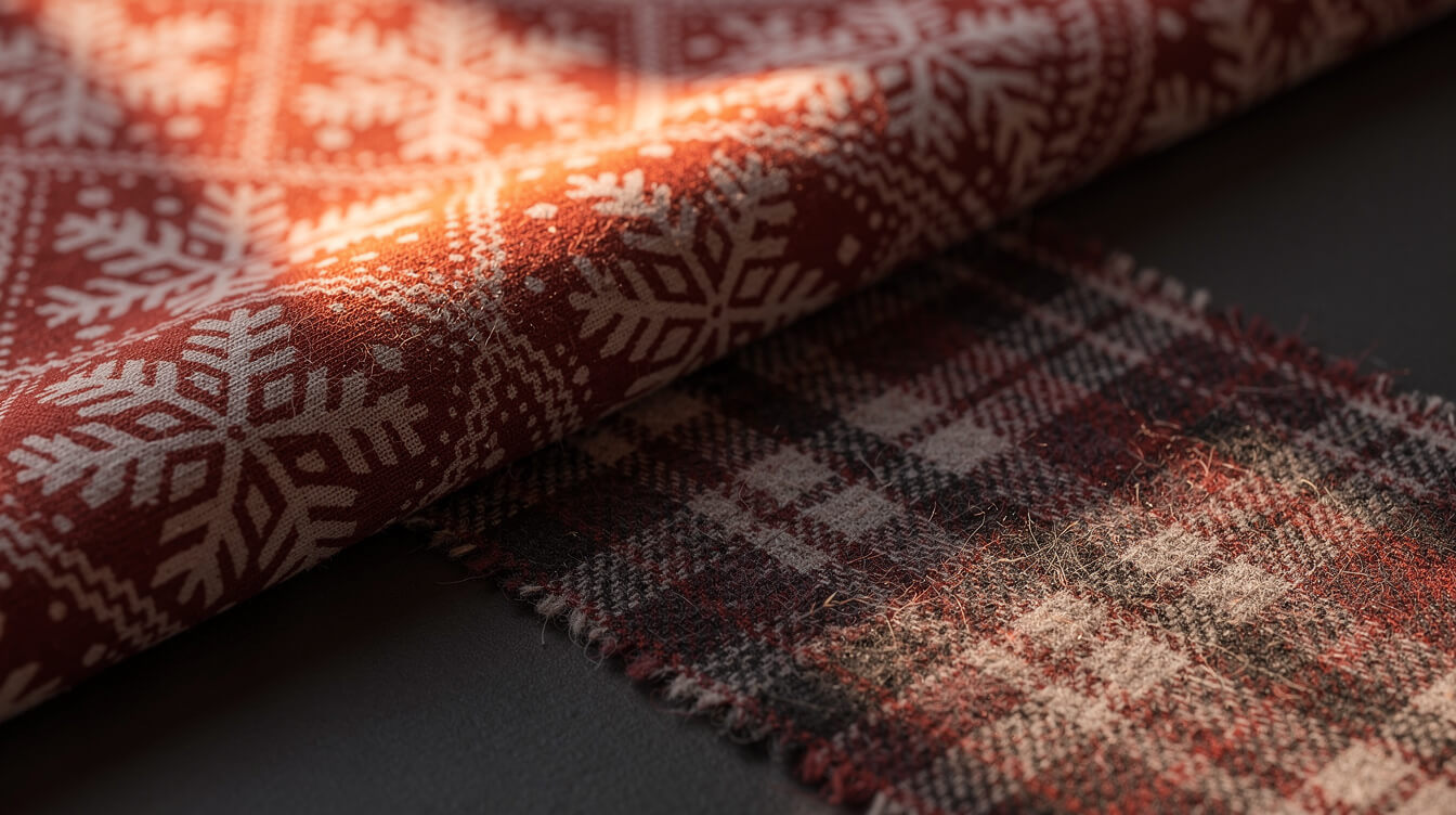 printed fair isle polyester fabric next to cotton flannel plaid swatch