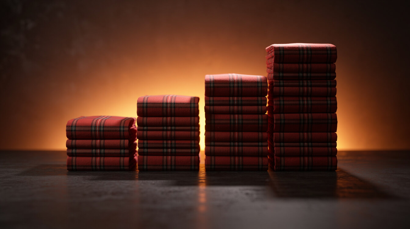 stacks of folded plaid fabric arranged like a rising bar chart