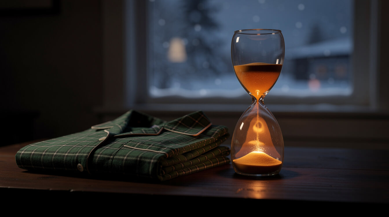 hourglass with orange sand beside a folded green plaid pajama set