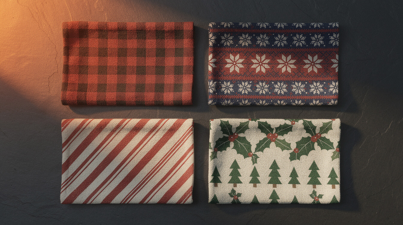 six christmas repeat pattern fabric swatches on dark slate
