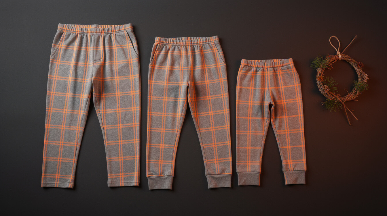 matching plaid lounge pants in adult, adult, and child sizes on a dark desk
