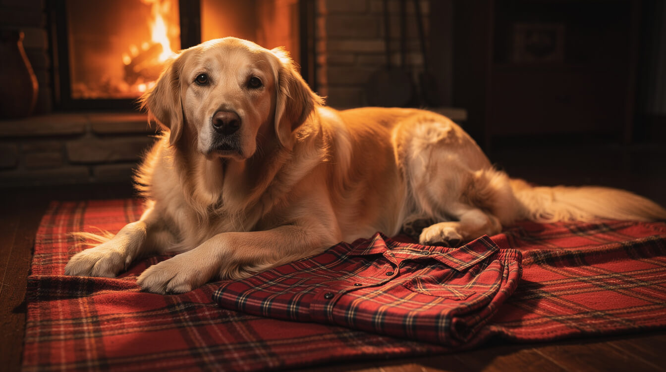 golden retriever on a red plaid blanket beside matching plaid pajama pants