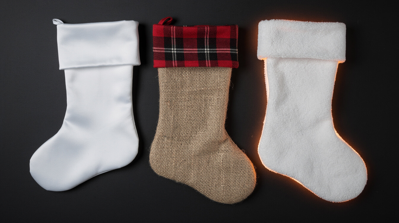 three blank sublimation christmas stocking blanks in white polyester, burlap with plaid cuff, and fleece