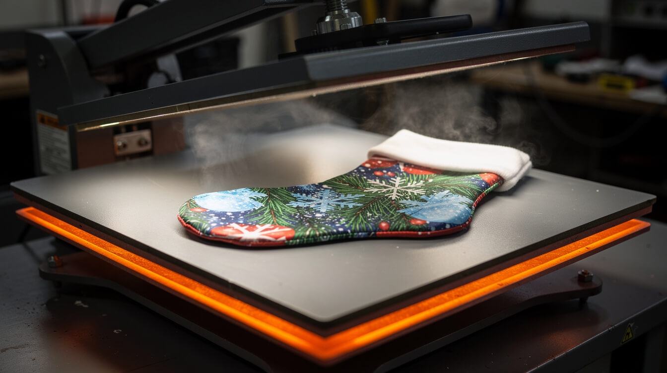 heat press sublimating a full color design onto a polyester christmas stocking