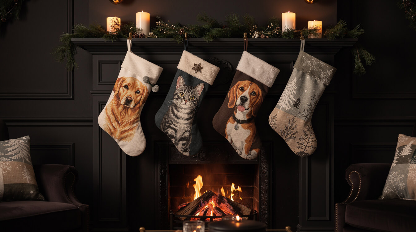 matching pet portrait christmas stockings hanging over a fireplace