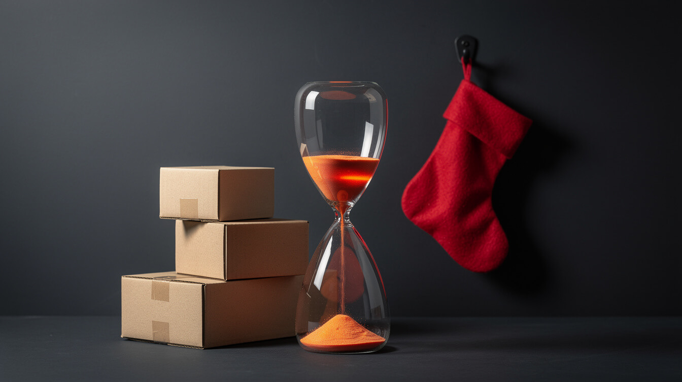hourglass running low beside a christmas stocking and shipping boxes