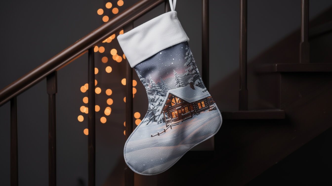 full color printed christmas stocking with snowy cabin art hanging on a staircase railing